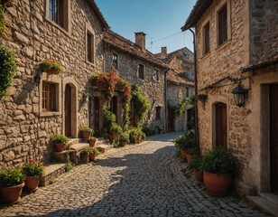 Marvel at the picturesque beauty of a countryside village with cobblestone streets and charming houses