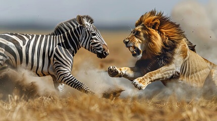 Zebra is fighting  with lion in the savanna