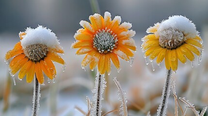   A trio of sunflowers, encased in ice and water, perched atop a snow-covered lawn