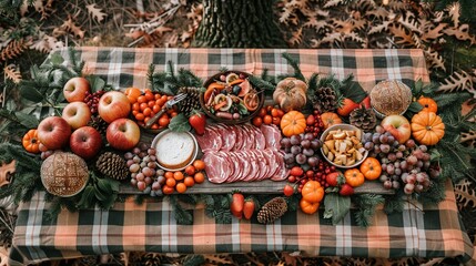   A platter of meat, fruit, and vegetables on a checkered tablecloth with pinecones
