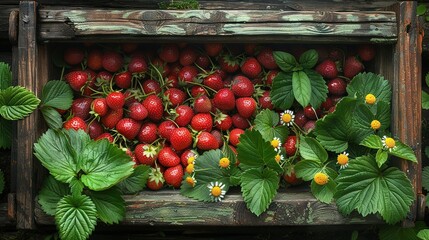   A wooden crate filled with fresh strawberries, surrounded by lush green foliage and vibrant wildflowers on a sunny day