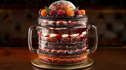   A jar with cake, frosting & strawberries on a brown wooden table