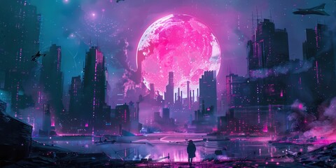 Illustration of the surface of a purple and pink outer space planet