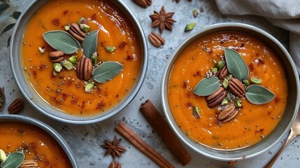   Three bowls of carrot soup topped with pecans, cinnamon, and star anise on a table