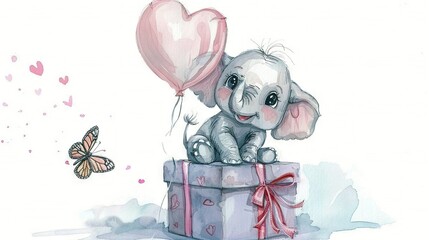   An illustration of a baby elephant resting atop a present box with a heart-shaped balloon affixed