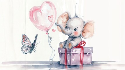   A baby elephant sits on a gift box with a heart balloon and a flying butterfly in the painting