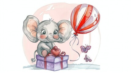   Elephant sitting on a box with a heart-shaped balloon and a butterfly