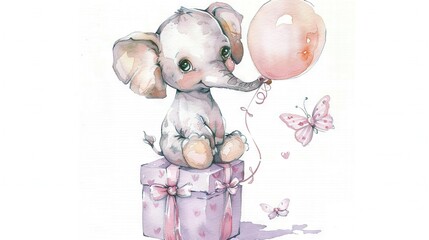   A watercolor image of a baby elephant with a balloon, resting atop a gift box and accompanied by a butterfly