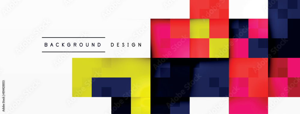 Poster The design features a colorful background with a geometric pattern of squares in magenta and electric blue on a white background. The artwork showcases symmetry and parallel lines