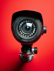 Closeup security camera on a red wall. Protection and safety. CCTV surveillance camera