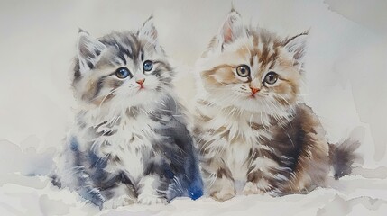   Two kittens sit together on watercolored paper