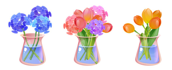 Flower bunches in glass vases set isolated on white background. Vector cartoon illustration of fresh cut floral bouquets in transparent jugs with water, holiday gift, romantic present, home decor