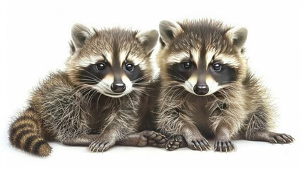   A pair of raccoons perched on top of a pristine white floor, side by side