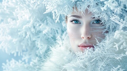 Frost-covered face of a woman with striking blue eyes, perfect for winter beauty and mystery themes.