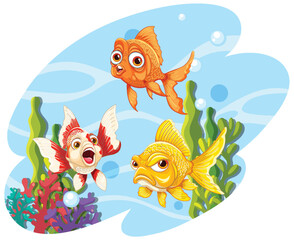 Three animated goldfish enjoying their underwater world