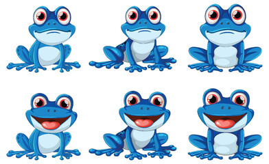 Fototapeta premium Six playful cartoon frogs showing different emotions