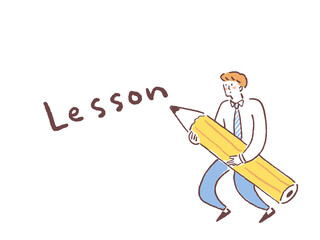 大きい鉛筆を持ったネクタイ姿の男性の全身