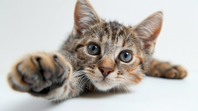 A playful cat reaching out with its paw on a white background