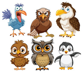 Fototapeta premium Five different cartoon birds showing various expressions