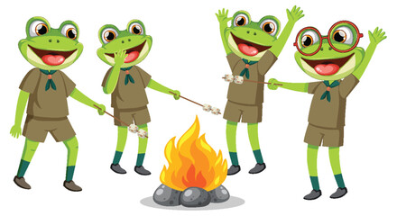 Frogs roasting marshmallows around a campfire