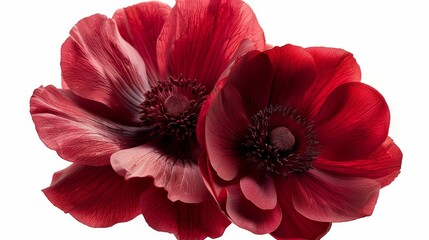 Two red anemone flowers isolated on white background.