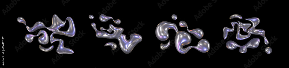 Poster abstract chrome liquid shapes with drops for y2k design. realistic 3d silver metal decorative figure
