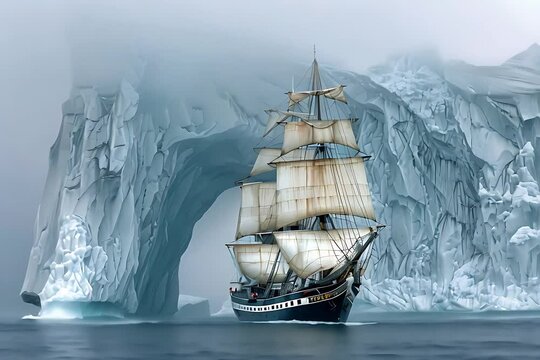 A two-masted sailing ship in front of this huge arch blue iceberg, Greenland
