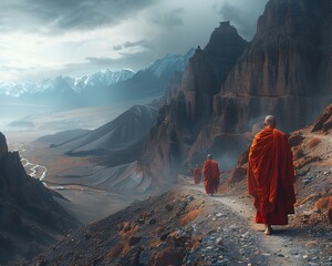 Solitary Monks Trekking Through Majestic Mountain Monastery Amid Natural Serenity and Spiritual Contemplation