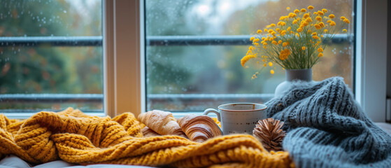 Cozy window seat with hot drink, croissants, and a view of a rainy day.
