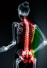 X-ray image of a human skeleton and spine, with the pain area highlighted in red.