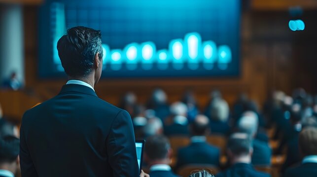 Successful Executive Presenting Earnings Insights to Shareholders at Business Conference