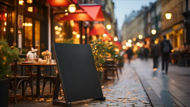 Empty blackboard sign mockup in front of a restaurant , Menu board with a street cafe or restaurant 