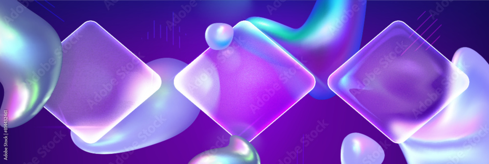 Poster purple background with glass morphism rhombus and abstract shape elements. vector realistic illustra