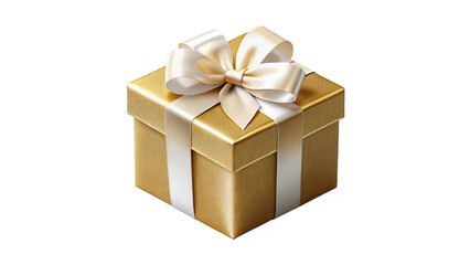 Obraz premium Golden Gift Box with White Bow - A classic golden gift box featuring a pristine white bow, providing a clean and sophisticated look on a transparent background. 