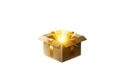 Open Golden Gift Box - An open golden gift box with light emanating from inside, suggesting a magical or valuable content, isolated on a transparent background.
