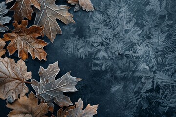 Frosted leaves on a dark surface with a copy space, top view. AI generative