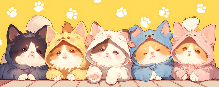 Cute cats wearing anime onesie dog costume background.
