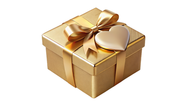 Golden Gift Box with Heart Tag - A romantic version of the golden gift box, adorned with a heart-shaped tag, suitable for anniversaries or Valentine’s Day, on a transparent background.