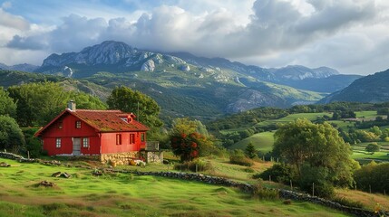 Obraz premium Casa Roja Aislada en la Montaña: Típica Vivienda del Norte de Europa en Paisaje Aislado