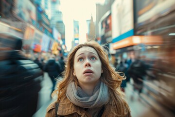 Fototapeta premium Young woman experiencing panic attack in crowded city street, surrounded by passersby. AI generative