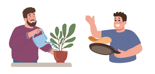 Vector of two men, one bearded in a purple sweater watering plants, the other clean-shaven flipping pancakes, depicting domestic life