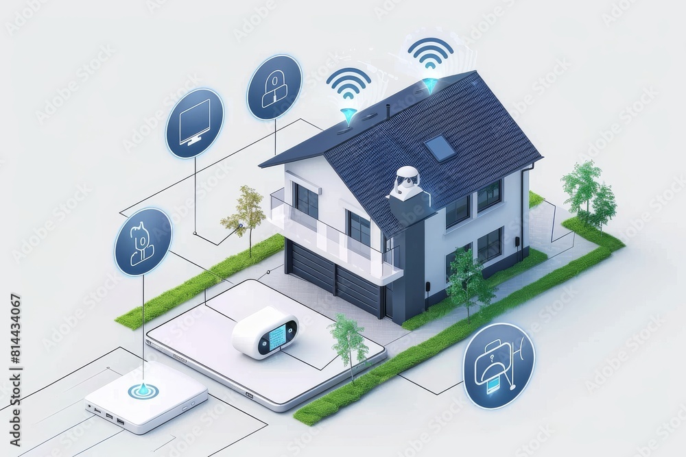 Poster ai technologies in smart homes integrate wireless security for safeguarding real estate, utilizing a
