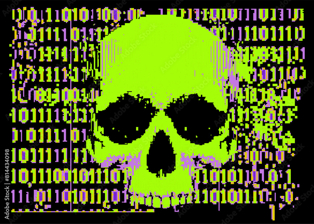 Poster Collage of a glitchy pixelated skull and binary code. The concept of cybersecurity and malware.