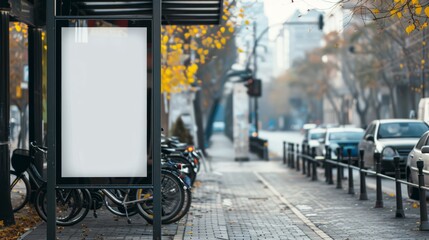 Empty billboard on a city bike share station, bicycles and urban setting, environmental and health ads,