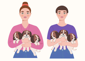 Vector of two girls with bright hair holding three puppies each, showcasing love for animals and joyful companionship
