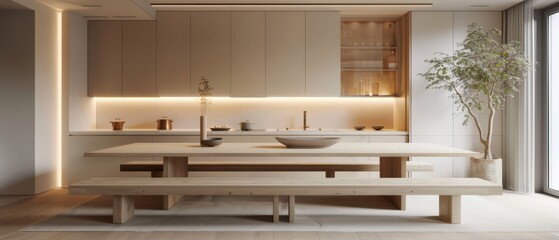 Functional minimalist dining space with a beige table, built-in benches, and clean, straight lines throughout,