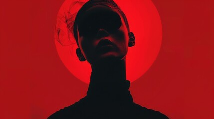 A modern layout for a high-end portrait shoot that combines poster style with elements of contemporary graphic design. Graphic shapes and elements on the model's face, using red and black colors.