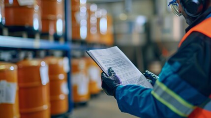 An employee examines a risk assessment document in the chemical storage section of a manufacturing facility. Safety protocol in action. Selective focus.