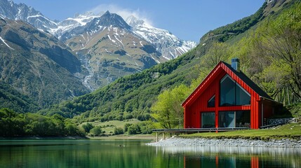 Fototapeta premium Típica Casa Roja del Norte de Europa en un Paisaje Montañoso Aislado
