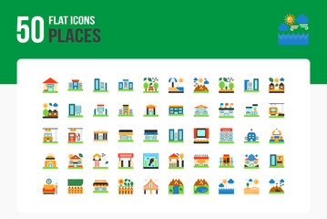 Set of 50 Places icons related to home, School, Office, Hospital Flat Icon collection